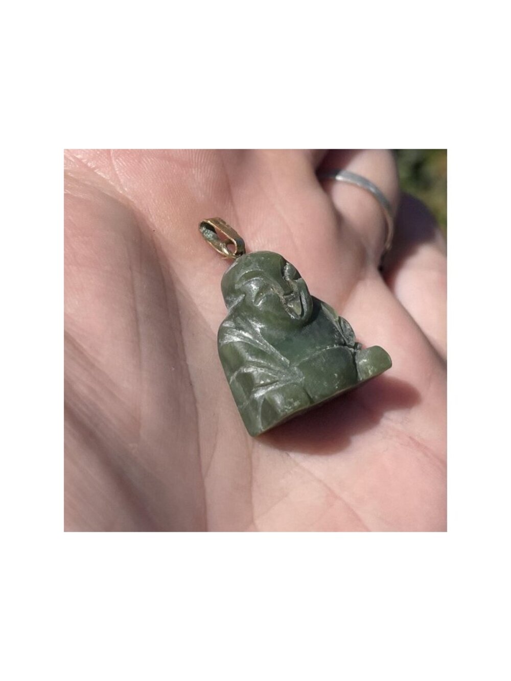 Vintage Carved Buddha Pendant Green Jade Stone Chinese 20th C. Retro Jewelry